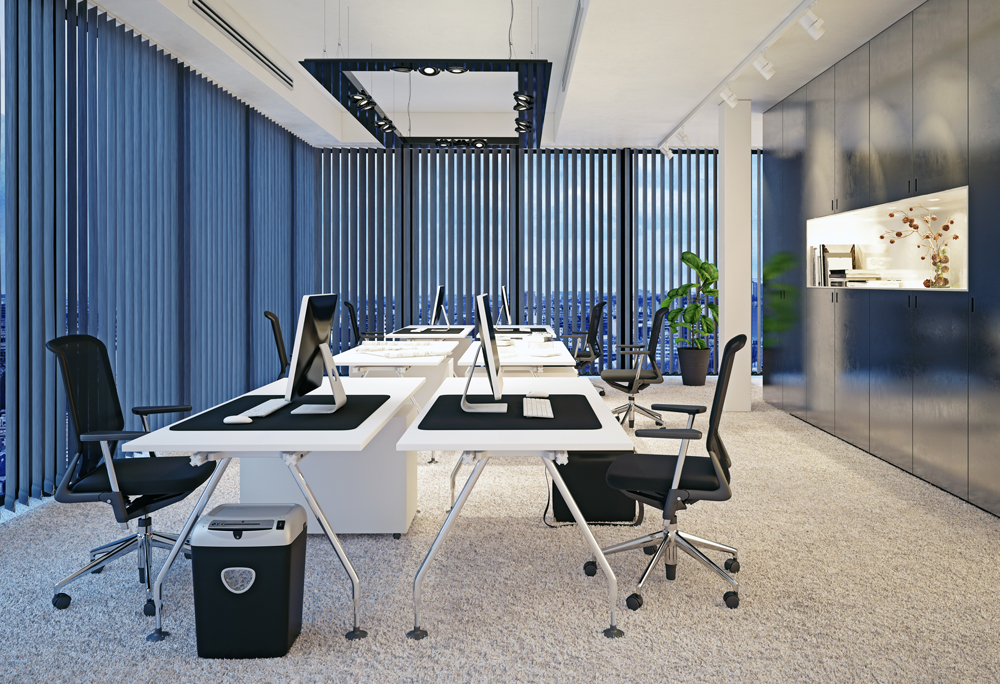 Black vertical blinds in an office