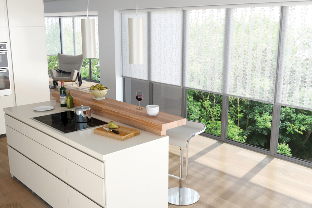 White light filtering fabric roller blinds in kitchen